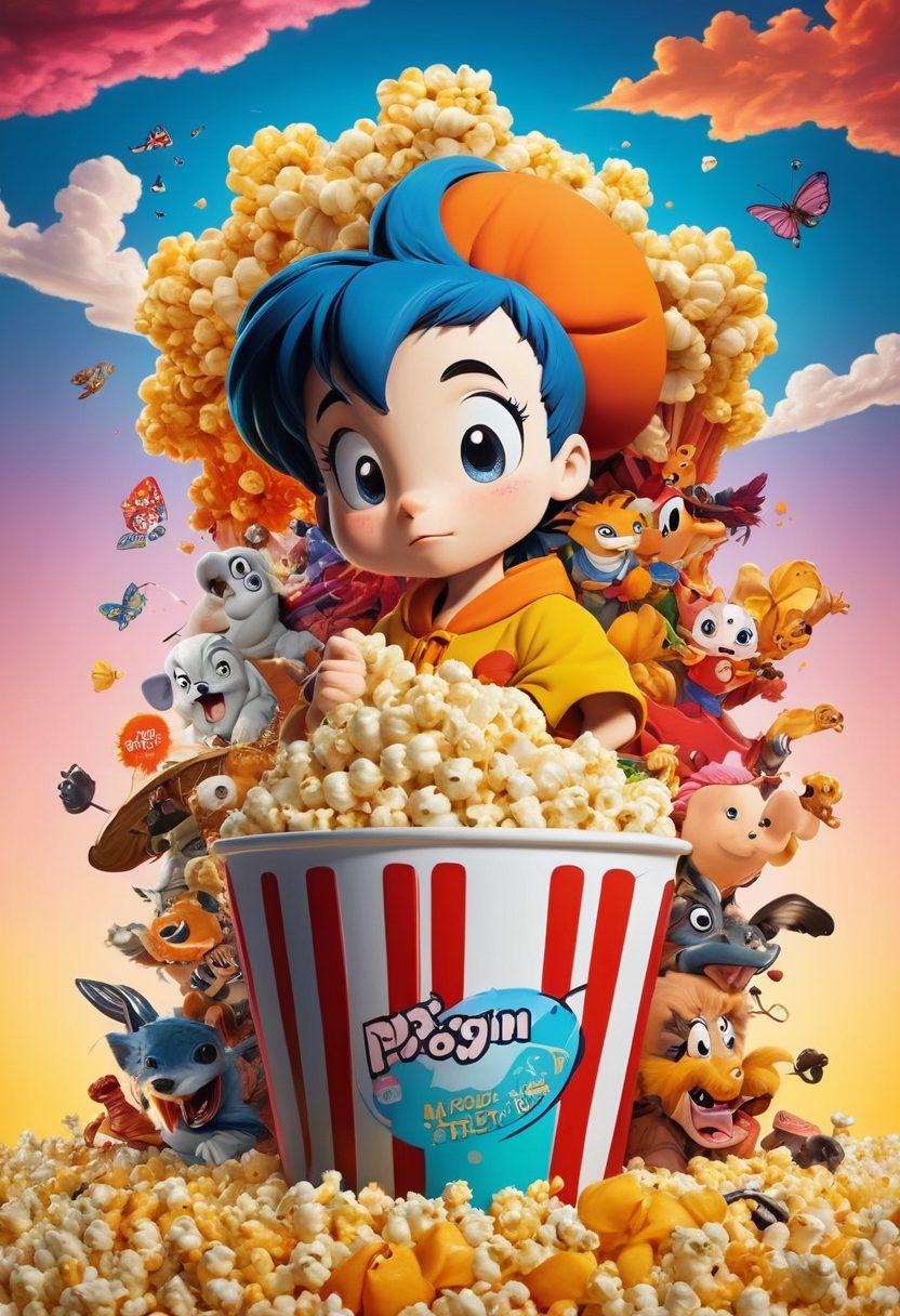 A vibrant collage showcasing iconic cartoon characters on one side, transitioning into dynamic anime figures on the other. The background should be a whimsical blend of colors representing the playful nature of cartoons merging with the dramatic flair of anime. Include subtle details like popcorn and film reels to signify the viewing experience. super-realistic. vibrant colors. dynamic composition.