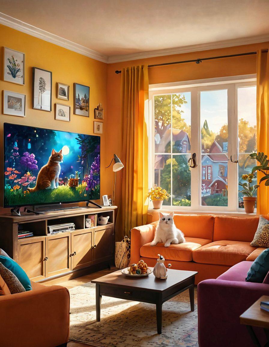 A vibrant, colorful scene featuring a cozy living room with a large TV showcasing various animated characters from popular television series, like whimsical animals and fantastical worlds. The ambiance is warm and inviting, filled with popcorn and plush sofas, radiating joy and laughter. Sunlight streams in from a window, enhancing the cheerful atmosphere. Include a playful cat curiously watching the screen. super-realistic. vibrant colors. cozy atmosphere.